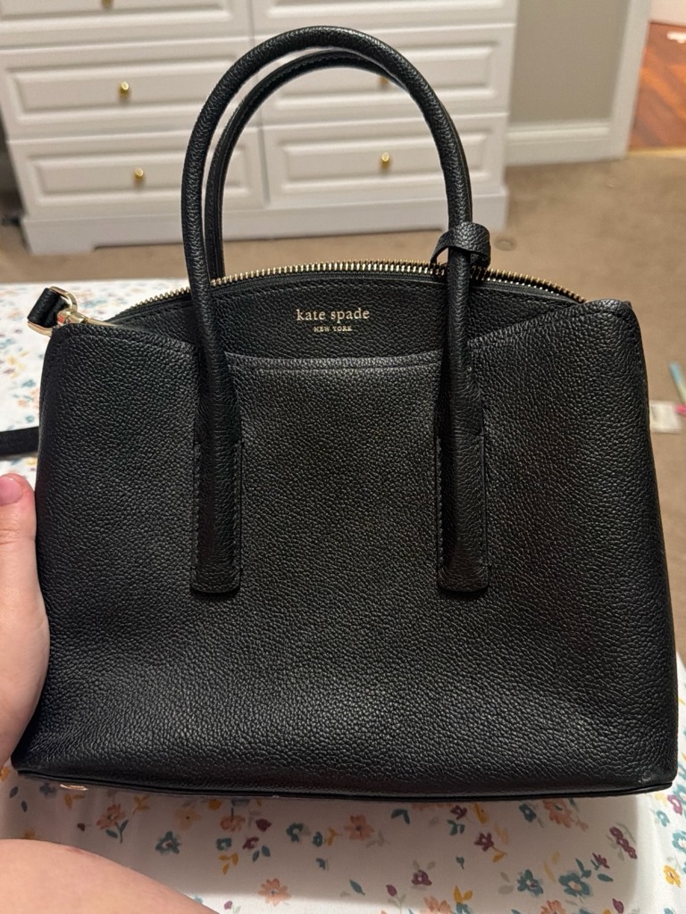 kate spade Black Pebbled Leather Satchel with Gold Logo
